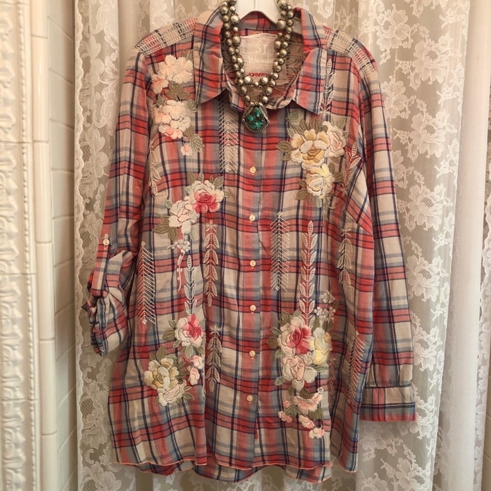 JOHNNY WAS * NWOT Plaid Floral Embroidered Button Front Shirt